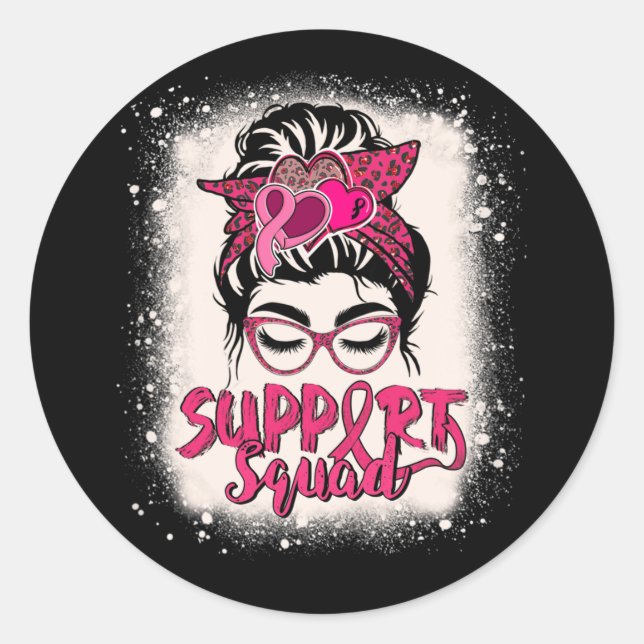 Support Squad Messy Bun Pink Warrior Breast Cancer Runder Aufkleber (Vorderseite)