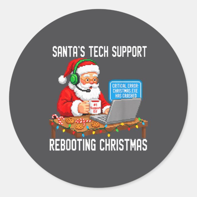 Support Tech Santa's Rebooting Joke Runder Aufkleber (Vorderseite)