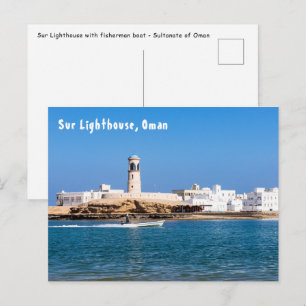 Sur Lighthouse mit Fischerboot - Sur, Oman Postkarte