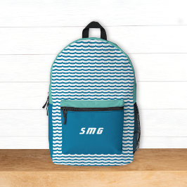 Surf Aqua Blue Waves Monogram Initial Kids Bedruckter Rucksack