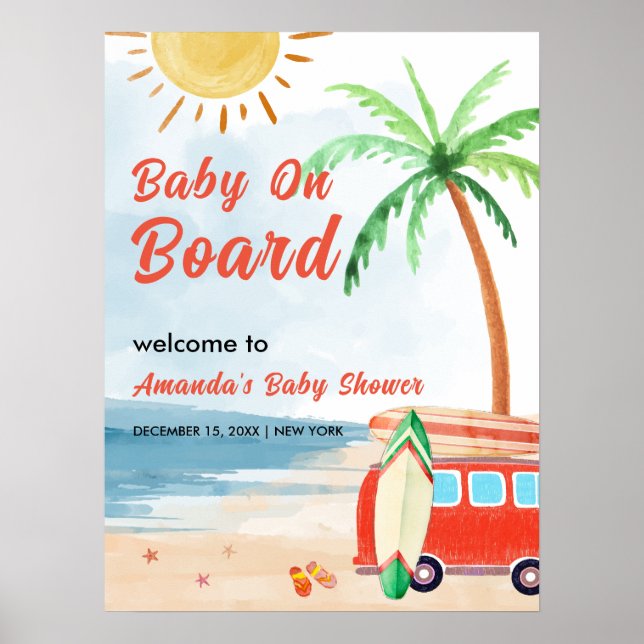 Surf Beach Baby an Bord Baby Dusche Willkommen Poster (Vorne)