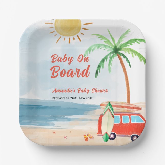 Surf Beach Baby an Bord Babydusche Pappteller (Vorderseite)