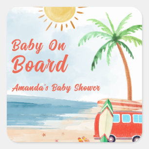 Surf Beach Baby an Bord Babydusche Quadratischer Aufkleber