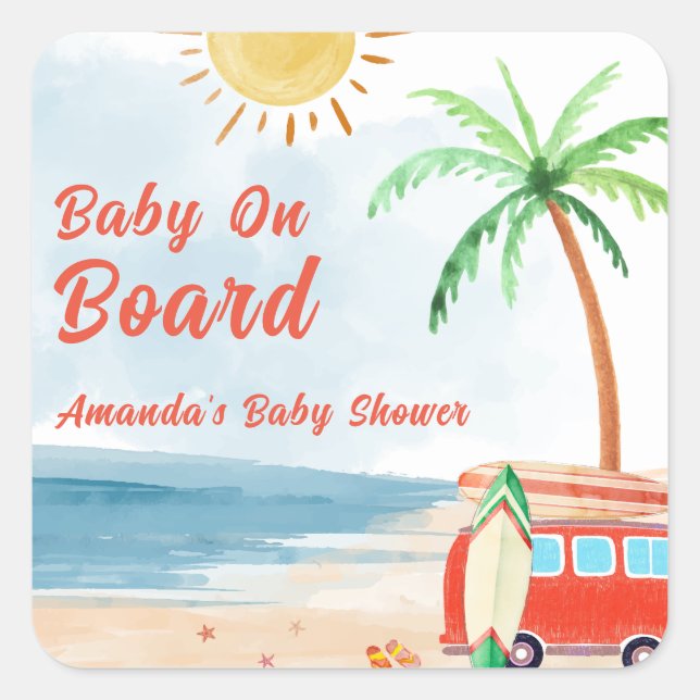 Surf Beach Baby an Bord Babydusche Quadratischer Aufkleber (Vorderseite)