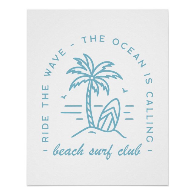 Surf Beach Club Surfen Ozean Blue Boho Ästhetik Poster (Vorderseite)