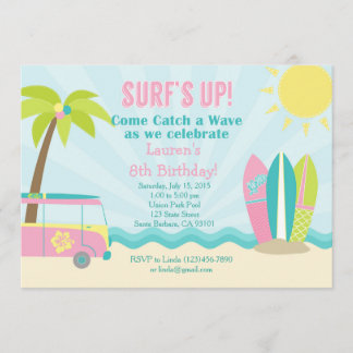 Surf Birthday Einladung für Mädchen in Pink!
