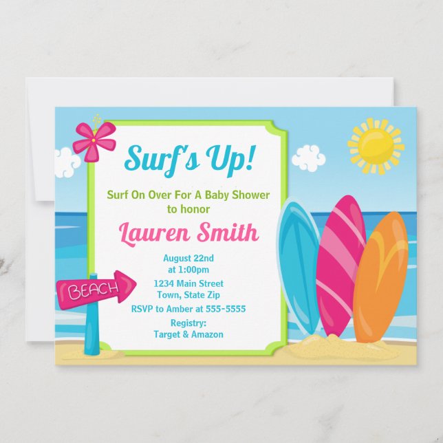 Surf Board Baby Shower Invitation Surfer Girl Einladung (Vorderseite)