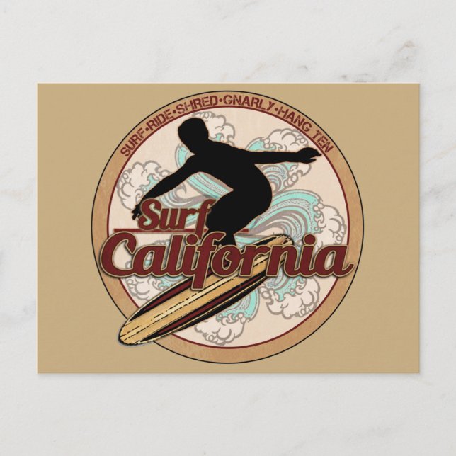 Surf California Vintag Surfbrett Logo Postkarte (Vorderseite)