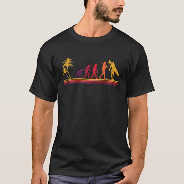 Surf-Evolution Retro-Surfer Palme Tropisch  T-Shirt (Vorderseite)