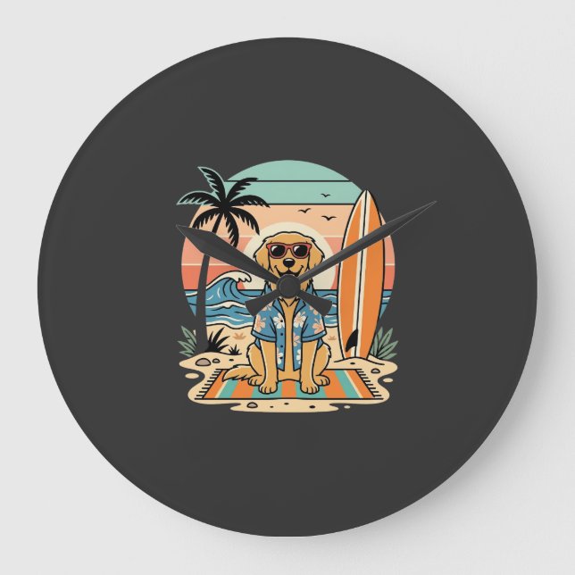 Surf-Hund Retro-Strand Sommer Große Wanduhr (Vorderseite)