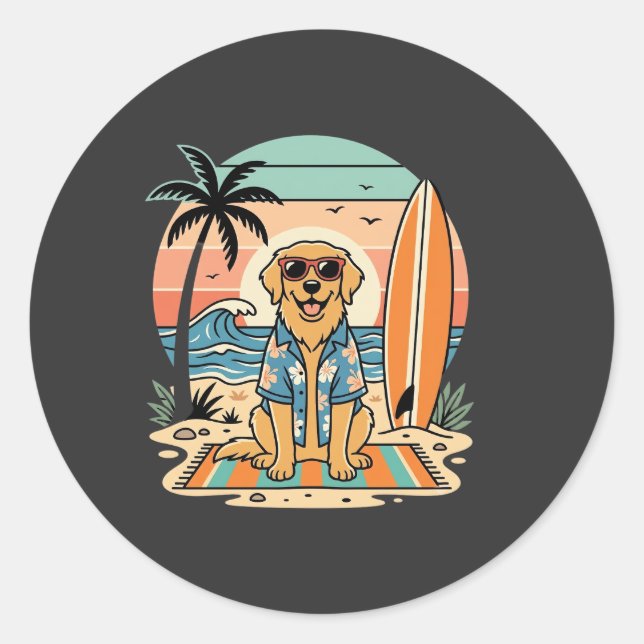 Surf-Hund Retro-Strand Sommer Runder Aufkleber (Vorderseite)