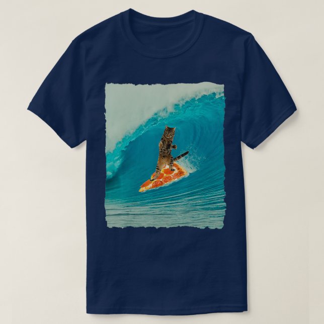 Surf Katze Kitty Reiten mit Pizza Surf Boa T-Shirt (Design vorne)