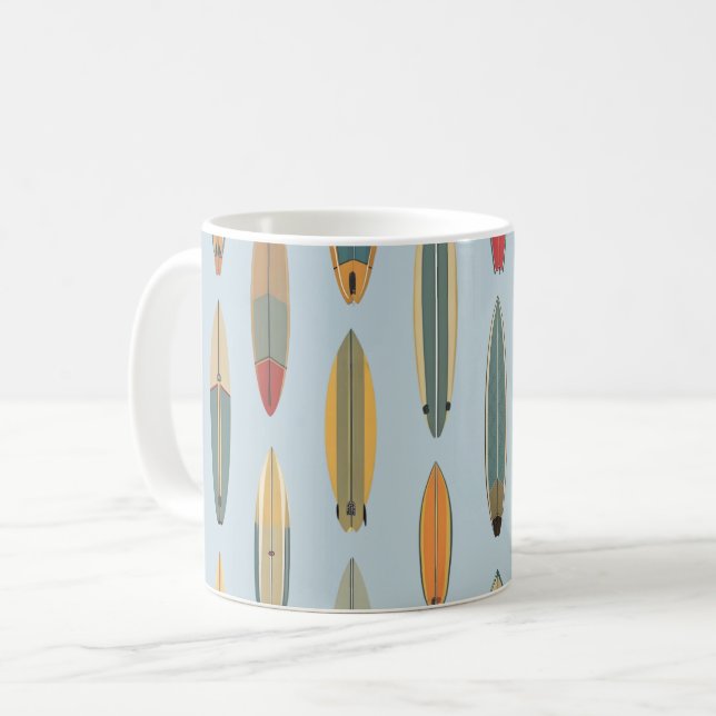 Surf Leben | Retro Küstenblaue Surfbrett-Grafik Kaffeetasse (Vorderseite Links)