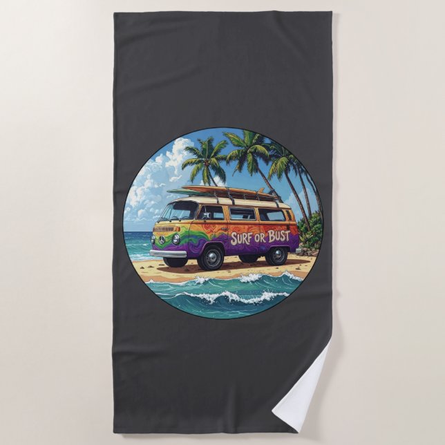 Surf oder nichts | Groovy Retro Hippie Surfer Bus Strandtuch (Vorderseite)