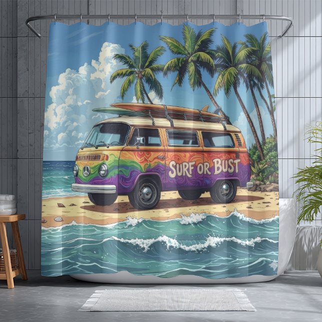 Surf oder Pleite Groovy Retro Hippie Surfer Strand Duschvorhang (Von Creator hochgeladen)