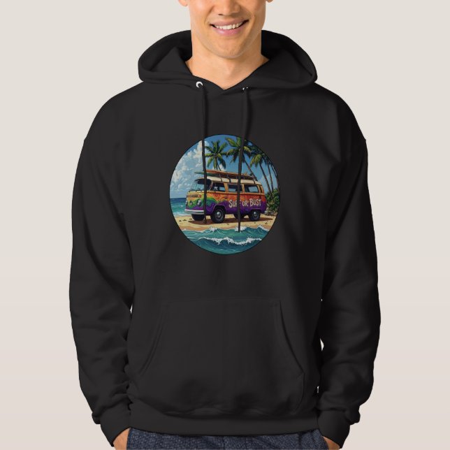 Surf oder Pleite Groovy Retro Hippie Surfer Strand Hoodie (Vorderseite)