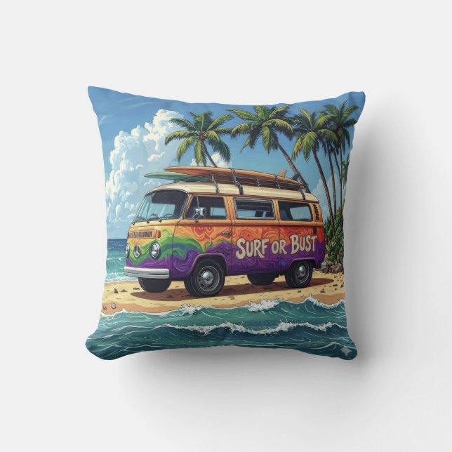 Surf oder Pleite Groovy Retro Hippie Surfer Strand Kissen (Vorderseite)