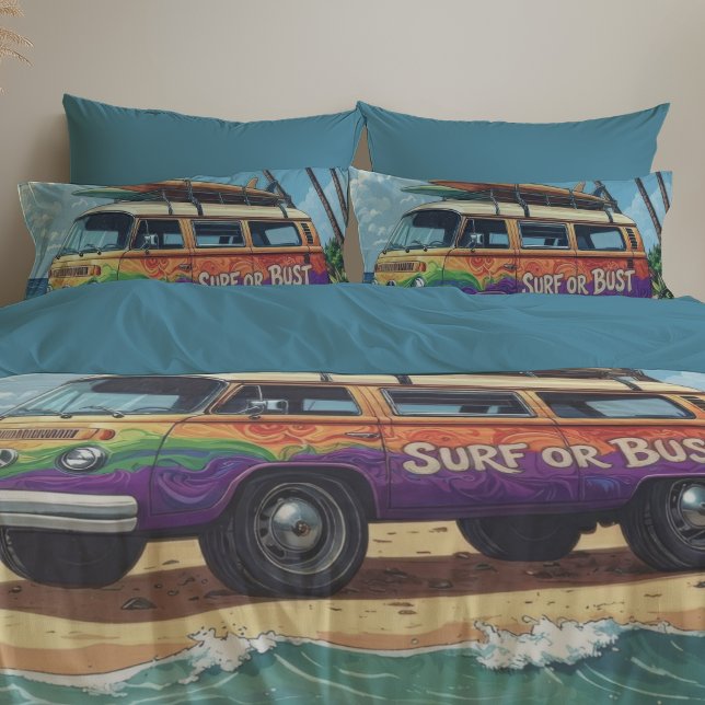 Surf oder Pleite Groovy Retro Hippie Surfer Strand Kissenbezug (Von Creator hochgeladen)