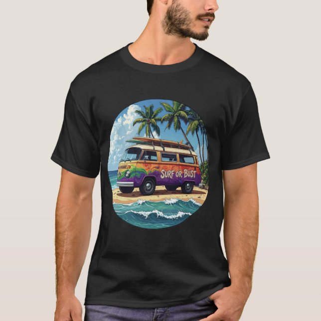 Surf oder Pleite Groovy Retro Hippie Surfer Strand T-Shirt (Vorderseite)