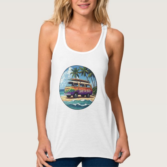 Surf oder Pleite Groovy Retro Hippie Surfer Strand Tank Top (Vorderseite)