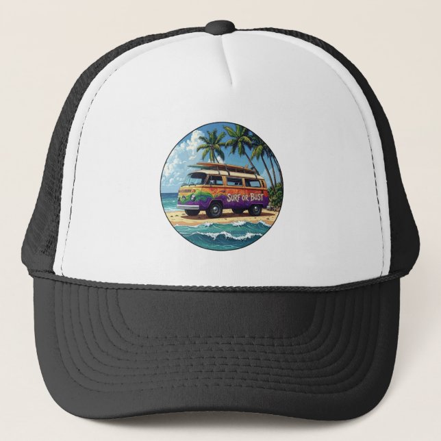 Surf oder Pleite Groovy Retro Hippie Surfer Strand Truckerkappe (Vorderseite)