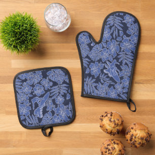 Surf Pareau Hawaiian Hibiskus Surfen Navy Ofenhandschuh & Topflappen-Set