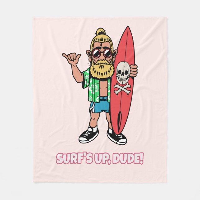 Surf’s Up Dude Bearded Cartoon Surfer Fleecedecke (Vorderseite)