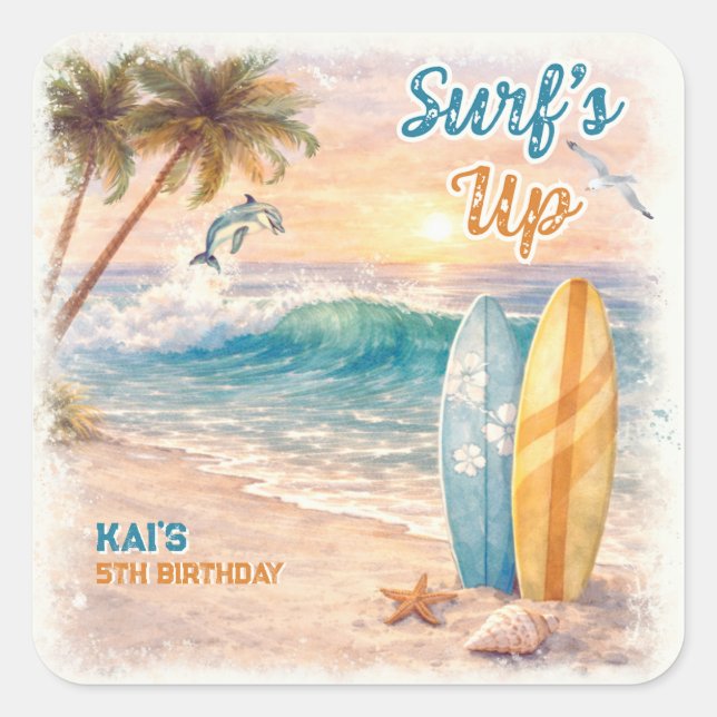 Surf’s Up Retro Beach Birthday Party  Quadratischer Aufkleber (Vorderseite)