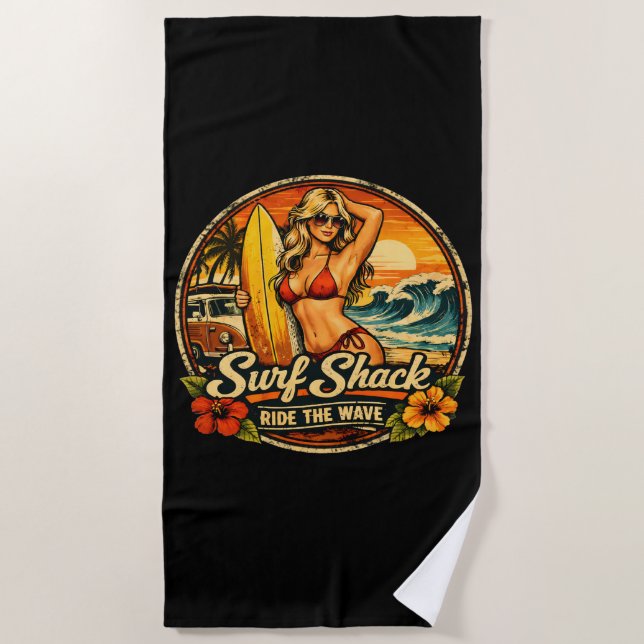 Surf Shack Surfer Pin-Up | Reite die Wellen Surfen Strandtuch (Vorderseite)
