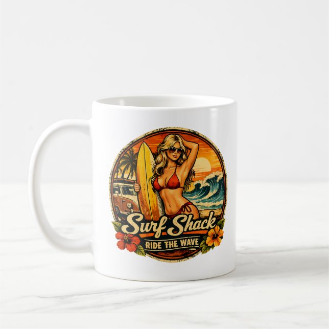 Surf Shack Surfer Pin-Up | Ride The Wave Beach Kaffeetasse (Links)