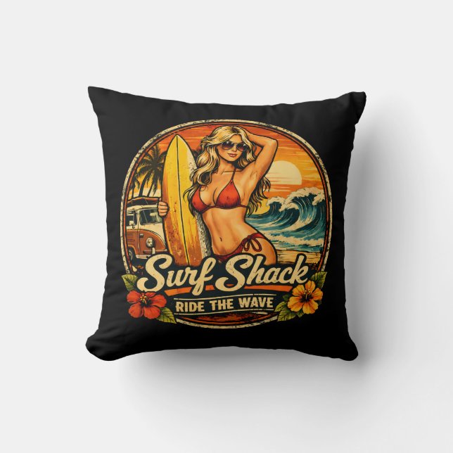 Surf Shack Surfer Pin-Up | Ride The Waves Beach Kissen (Vorderseite)