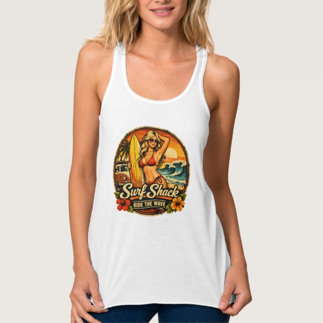 Surf Shack Surfer Pin-Up | Ride The Waves Beach Tank Top (Vorderseite)