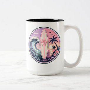 Surf • Sonne • Meer Retro Tropen-Welle-Abzeichen   Zweifarbige Tasse