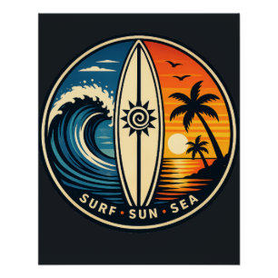 Surf Sun Sea Vintage Abzeichen – Surfboard Sonnenu Poster