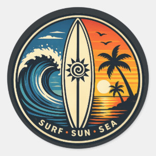 Surf Sun Sea Vintage Abzeichen – Surfboard Sonnenu Runder Aufkleber