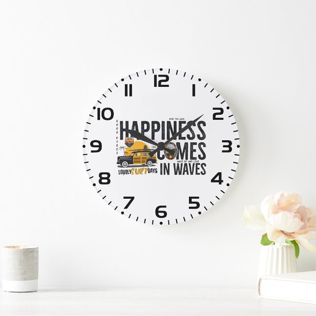 Surf Van Beach Quote Happiness Comes in Waves Große Wanduhr (Von Creator hochgeladen)