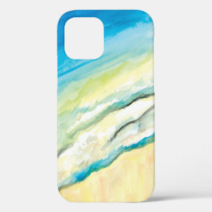 Surf-Wasserfarbe Blaue Wellen und Sandstrand iPhone 12 Hülle