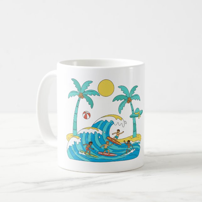 Surf & Waves – Cartoon-Strand-Geschenktasse Kaffeetasse (Vorderseite Links)