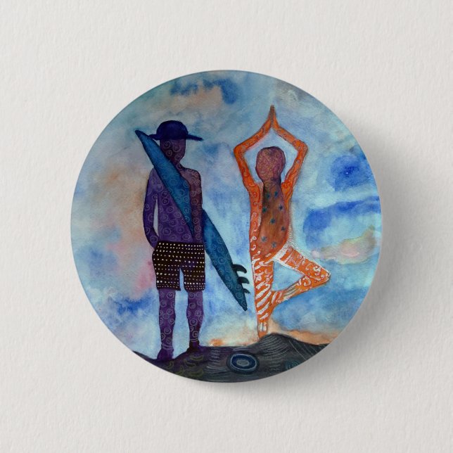 Surf Yoga Sunset Zeichnend Boho Abzeichen Button (Vorderseite)