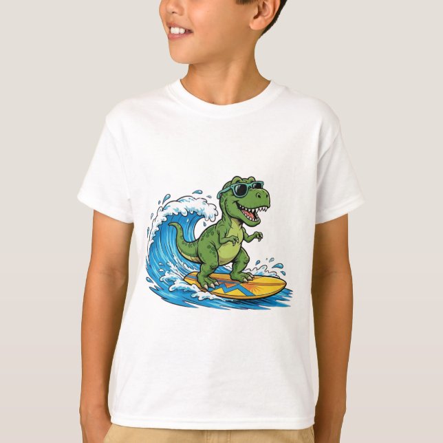 Surfasaurus T-Shirt ein surfernder Dinosaurier (Vorderseite)