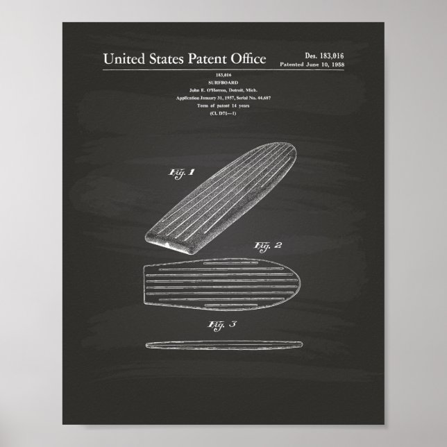 Surfboard 1958 - Chalkboard für Patentkunst Poster (Vorne)