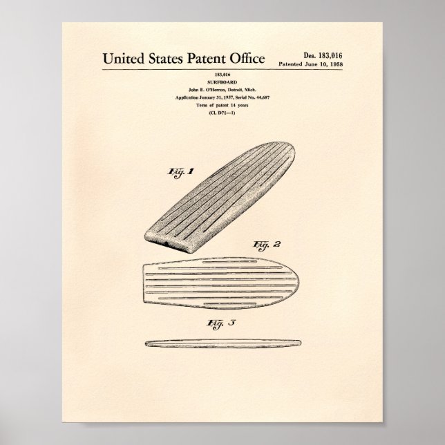 Surfboard 1958 Patent Art Old Peper Poster (Vorne)