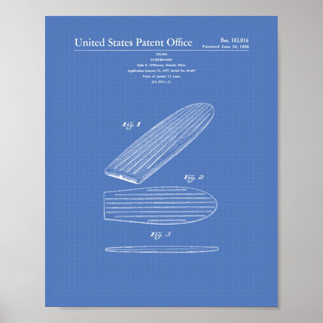 Surfboard 1958 Patentart Blueprint Poster (Vorne)