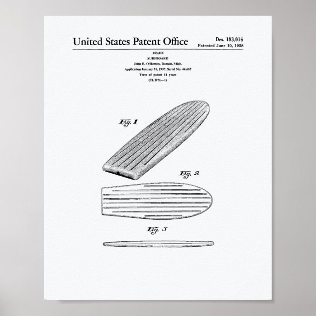 Surfboard 1958 Weißbuch zum Thema Patentkunst Poster (Vorne)