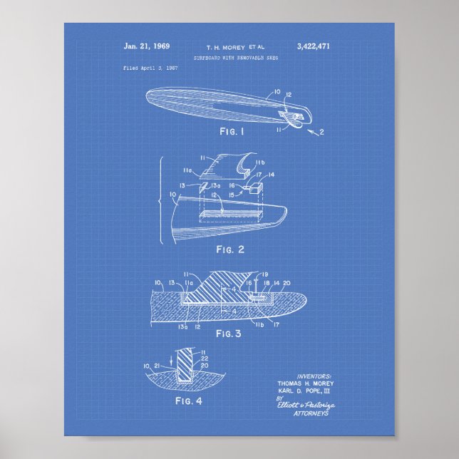 Surfboard 1969 Patentart Blueprint Poster (Vorne)