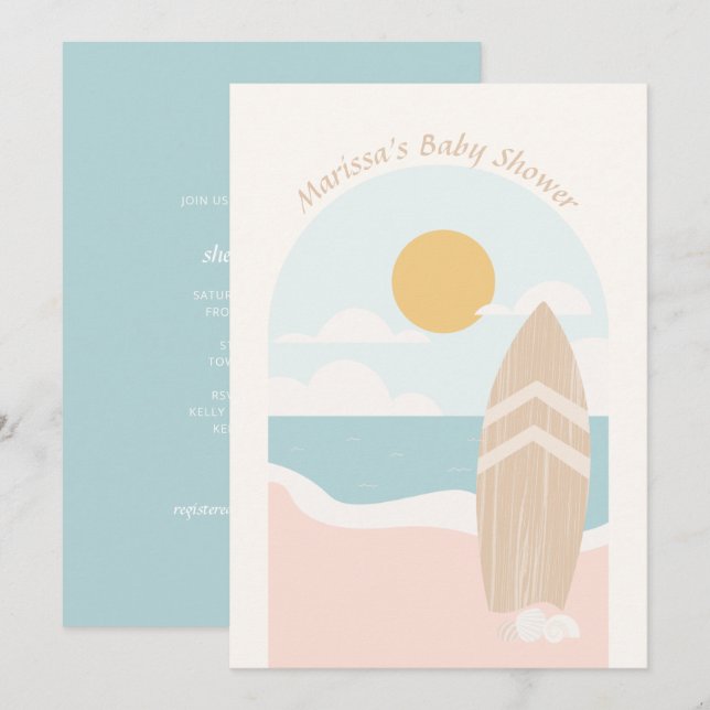 Surfboard Beach Baby Dusche Einladung (Vorne/Hinten)