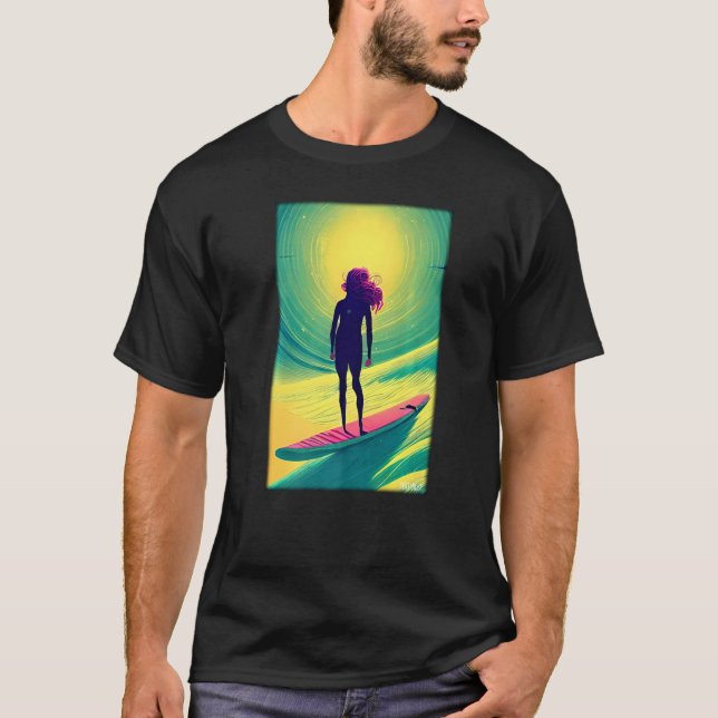 Surfboard Girl Woman Surfboard Waves Sea Vacation T-Shirt (Vorderseite)
