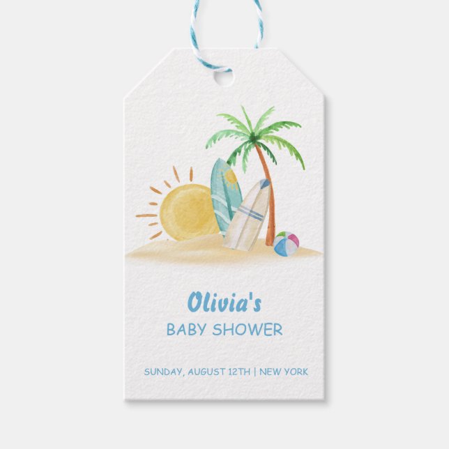Surfboard Sunshine Beach Palm Tree Baby Dusche Geschenkanhänger (Vorderseite)