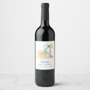 Surfboard Sunshine Beach Palm Tree Baby Dusche Weinetikett