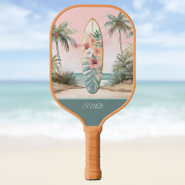 Surfboard Tropical Island Floral Teal Initials Pickleball Schläger